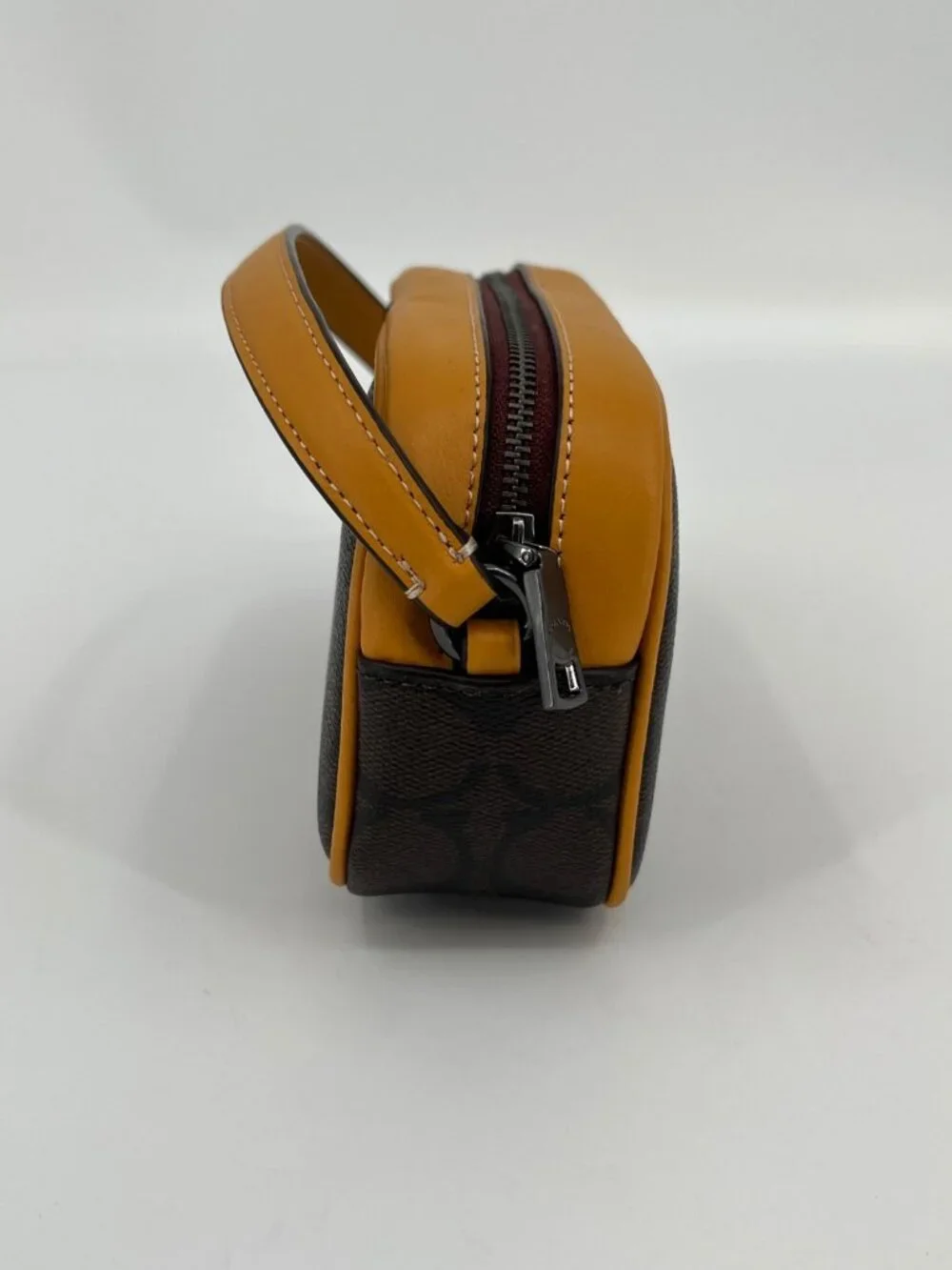 Coach Jamie Wristlet In Signature Canvas With Varsity Motif QB/Brown/Buttercup